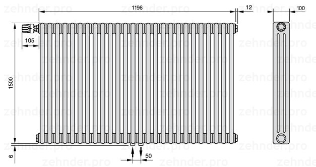 Схема (чертеж) Радиатор Zehnder Charleston 3150/26 №V007 Белый глянцевый RAL 9016